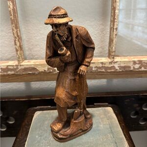 Vintage Folk Art Decor,  Hand Carved Wood Man With pipe and axe